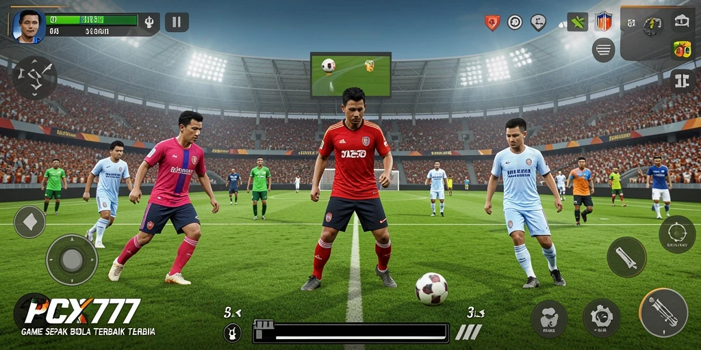 Tampilan menarik dari gameplay PCX777 saat pertandingan sepak bola berlangsung.