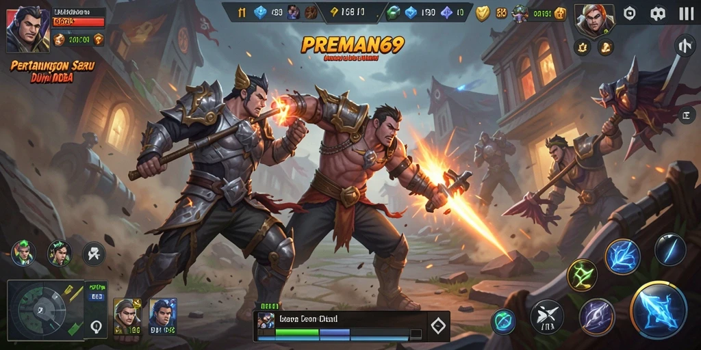 Tampilan seru dari gameplay pertarungan MOBA yang intens.