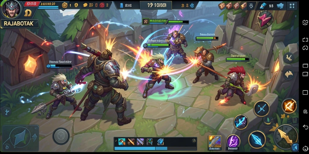 Tangkapan layar permainan RAJABOTAK menampilkan aksi seru di arena MOBA.